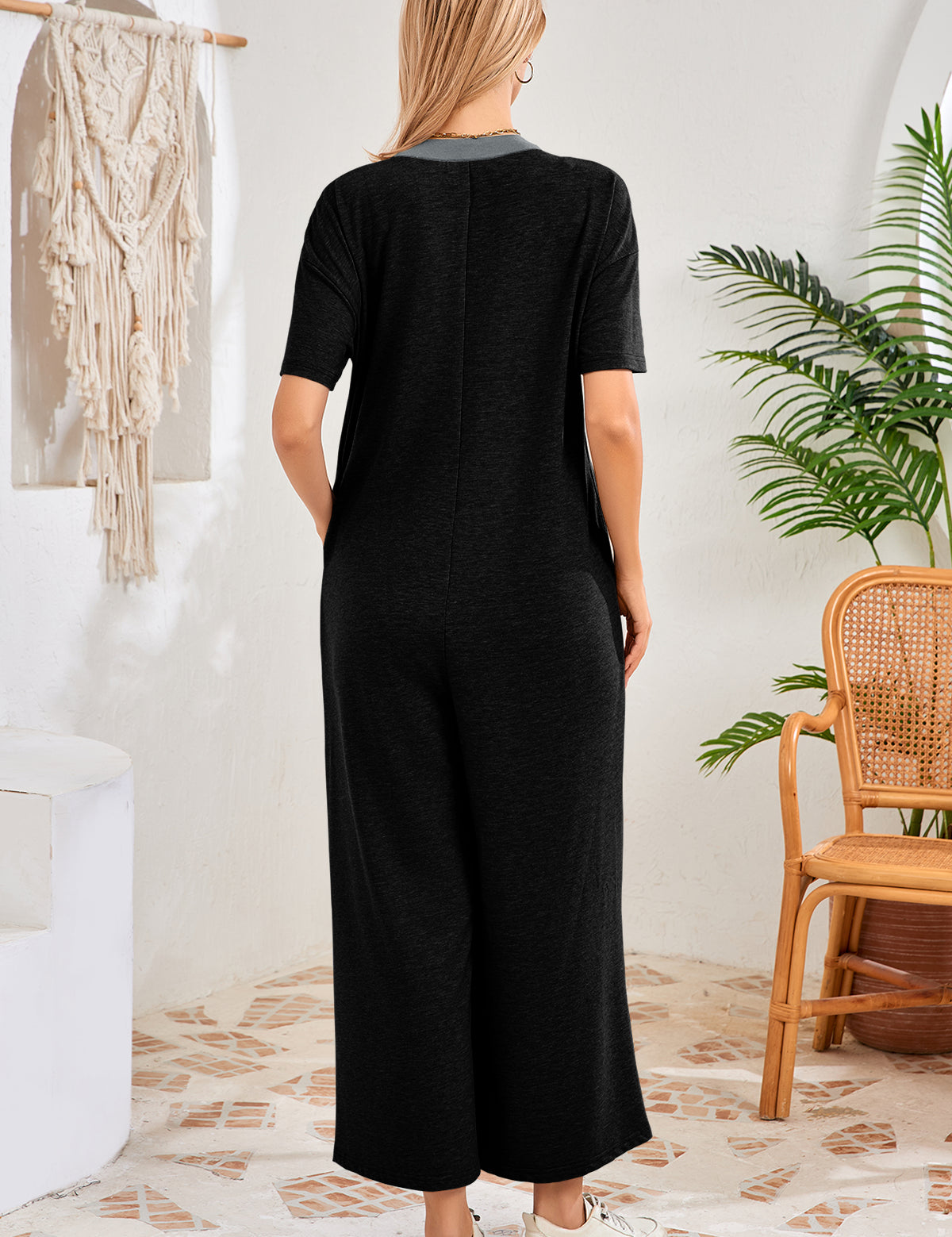Womens Black Casual Wide Leg Jumpsuit with Pockets Fisoew - Fisoew