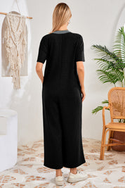 Womens Black Casual Wide Leg Jumpsuit with Pockets Fisoew - Fisoew