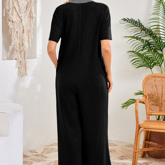 Womens Black Casual Wide Leg Jumpsuit with Pockets Fisoew - Fisoew