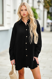 Womens Black Casual Button Down Long Sleeve Jumpsuit Fisoew - Fisoew
