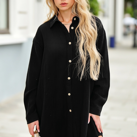 Womens Black Casual Button Down Long Sleeve Jumpsuit Fisoew - Fisoew