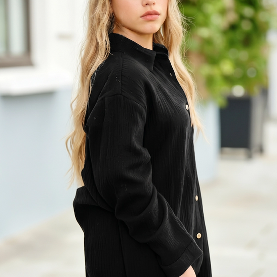Womens Black Casual Button Down Long Sleeve Jumpsuit Fisoew - Fisoew