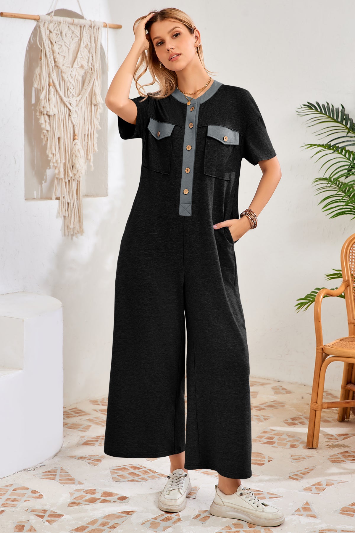 Womens Black Casual Wide Leg Jumpsuit with Pockets Fisoew - Fisoew