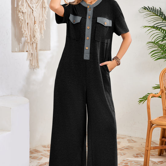 Womens Black Casual Wide Leg Jumpsuit with Pockets Fisoew - Fisoew