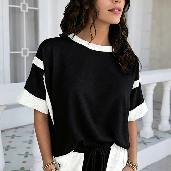 Womens Black Color Block Lounge Short Set  Fisoew - Fisoew
