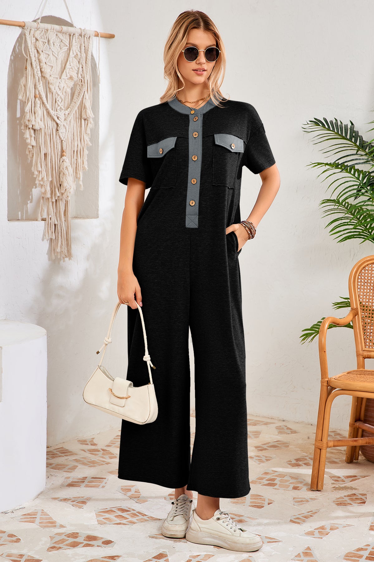 Womens Black Casual Wide Leg Jumpsuit with Pockets Fisoew - Fisoew