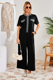 Womens Black Casual Wide Leg Jumpsuit with Pockets Fisoew - Fisoew