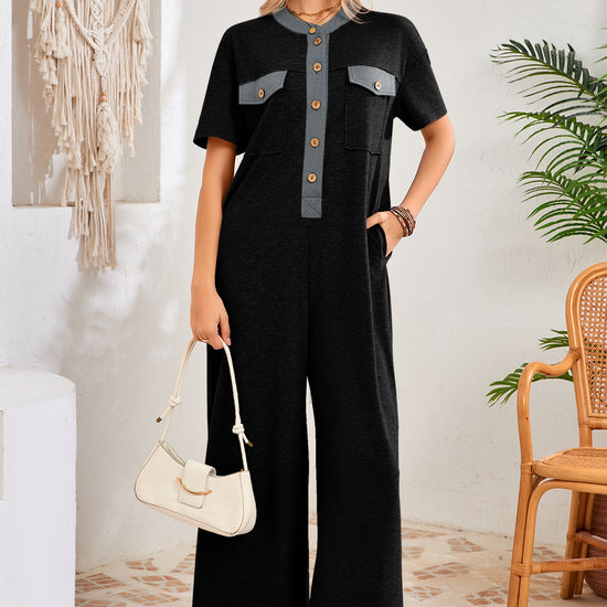 Womens Black Casual Wide Leg Jumpsuit with Pockets Fisoew - Fisoew