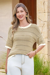 Fisoew Women's Khaki Striped Cropped Knit Tops
