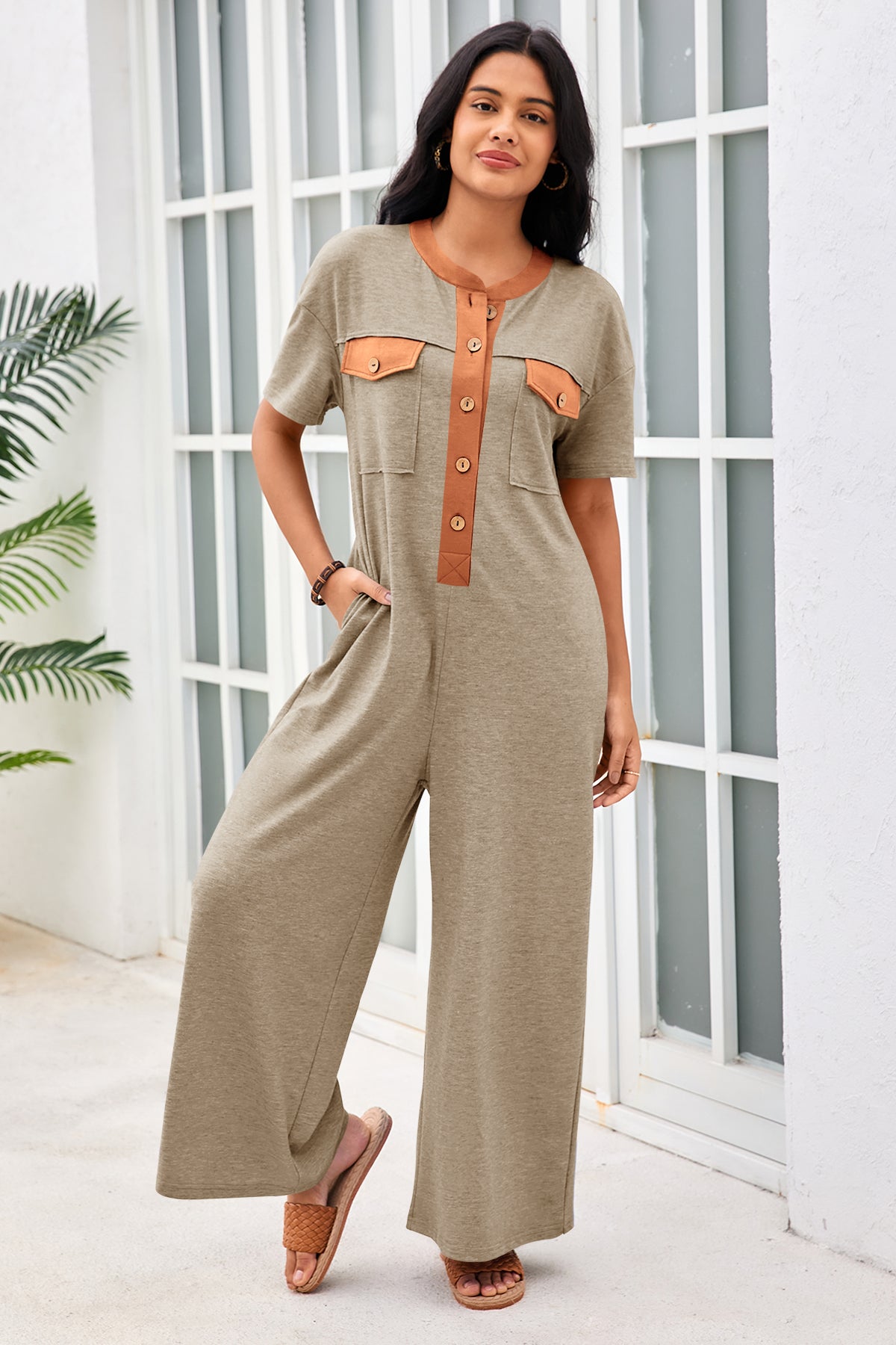 Womens Khaki Casual Wide Leg Jumpsuit with Pockets Fisoew - Fisoew