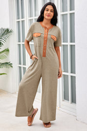 Womens Khaki Casual Wide Leg Jumpsuit with Pockets Fisoew - Fisoew