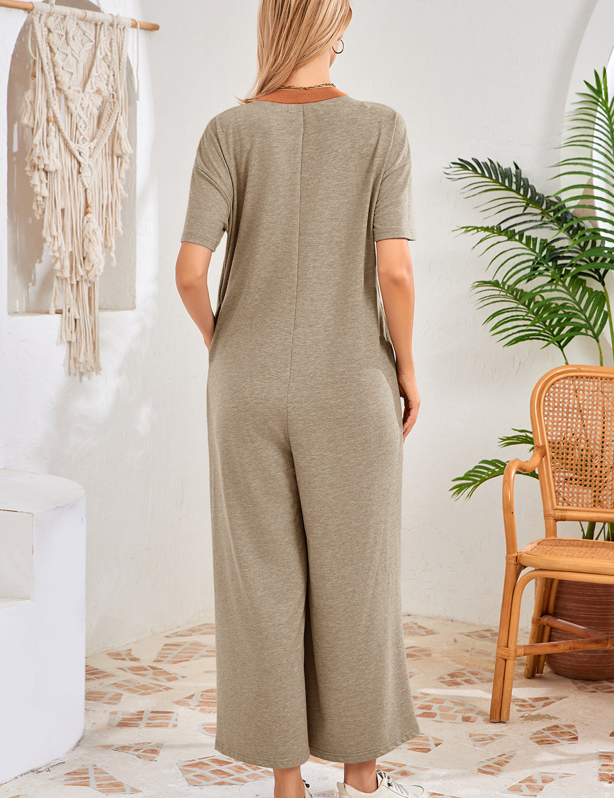 Womens Khaki Casual Wide Leg Jumpsuit with Pockets Fisoew - Fisoew