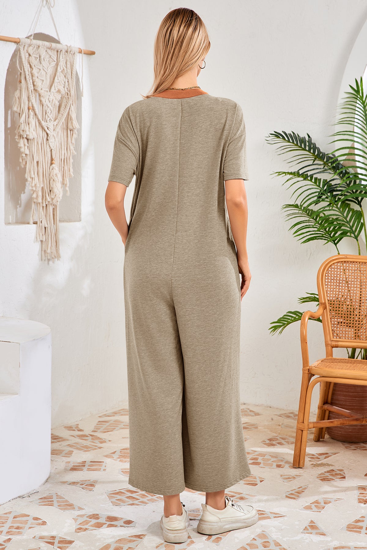 Womens Khaki Casual Wide Leg Jumpsuit with Pockets Fisoew - Fisoew