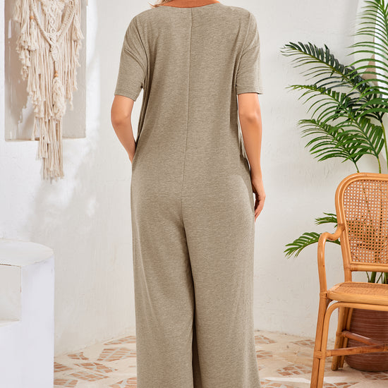 Womens Khaki Casual Wide Leg Jumpsuit with Pockets Fisoew - Fisoew