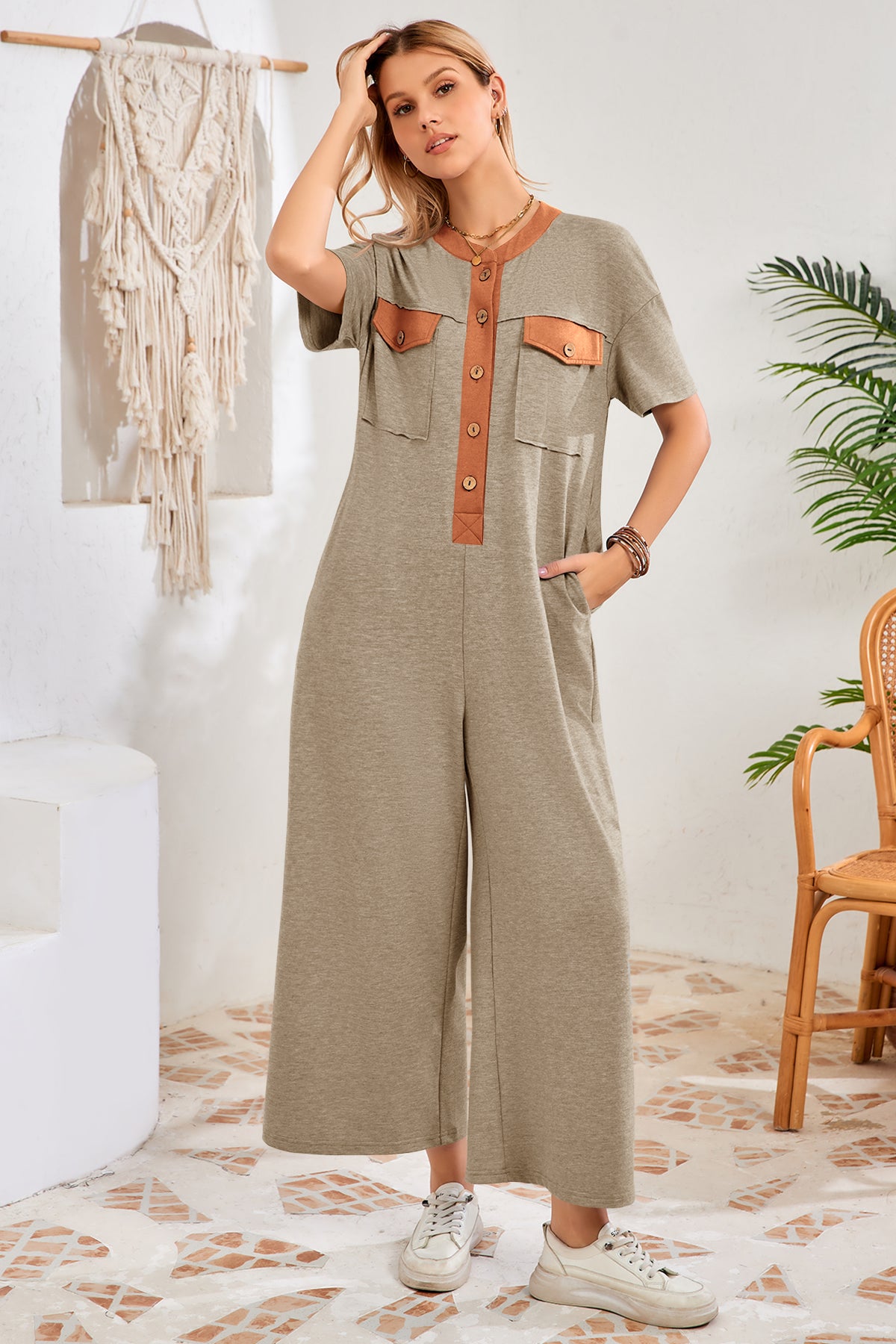 Womens Khaki Casual Wide Leg Jumpsuit with Pockets Fisoew - Fisoew
