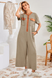 Womens Khaki Casual Wide Leg Jumpsuit with Pockets Fisoew - Fisoew