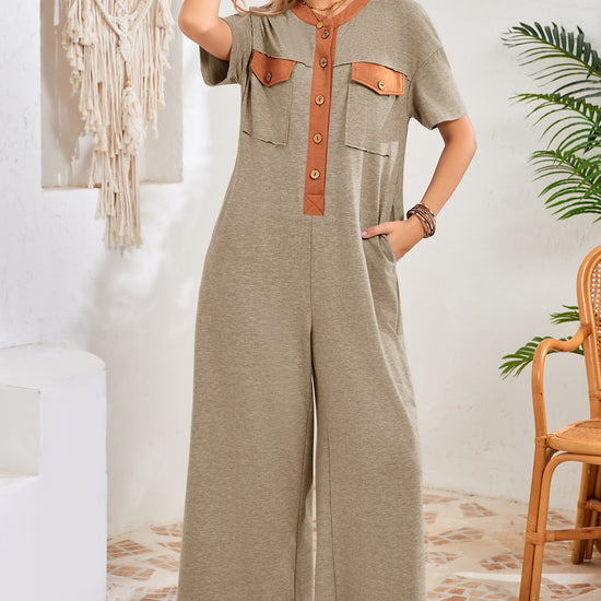 Womens Khaki Casual Wide Leg Jumpsuit with Pockets Fisoew - Fisoew