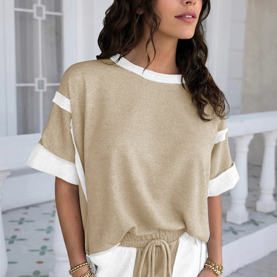 Womens Khaki Color Block Lounge Short Set  Fisoew - Fisoew