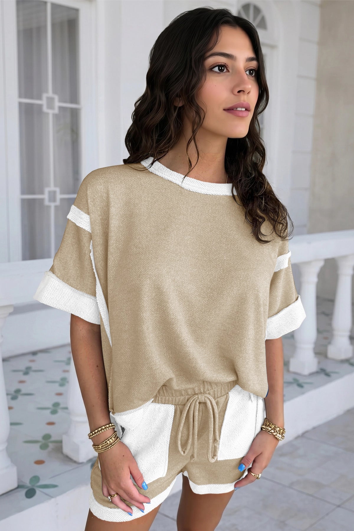 Womens Khaki Color Block Lounge Short Set  Fisoew - Fisoew