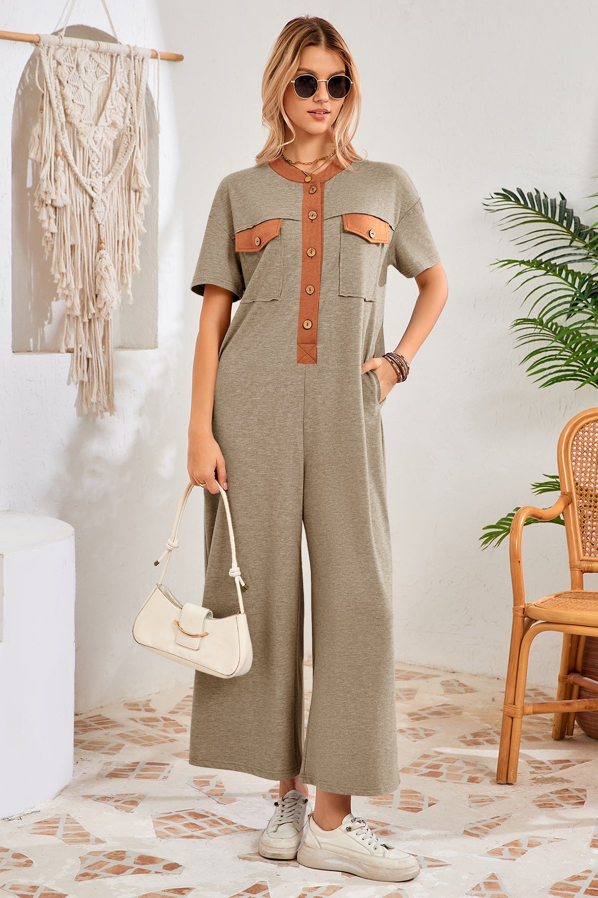 Womens Khaki Casual Wide Leg Jumpsuit with Pockets Fisoew - Fisoew