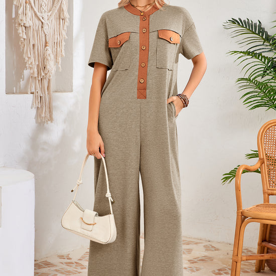 Womens Khaki Casual Wide Leg Jumpsuit with Pockets Fisoew - Fisoew