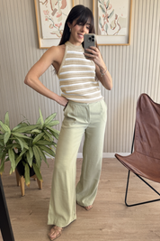 Womens Khaki Striped Crochet Halter Knit Tank Top Fisoew