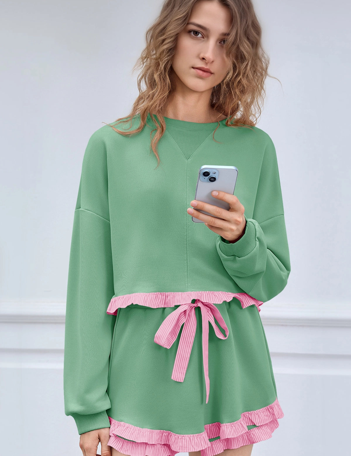 Women's Green Color Block 2 Piece Lounge Sets Fisoew - Fisoew