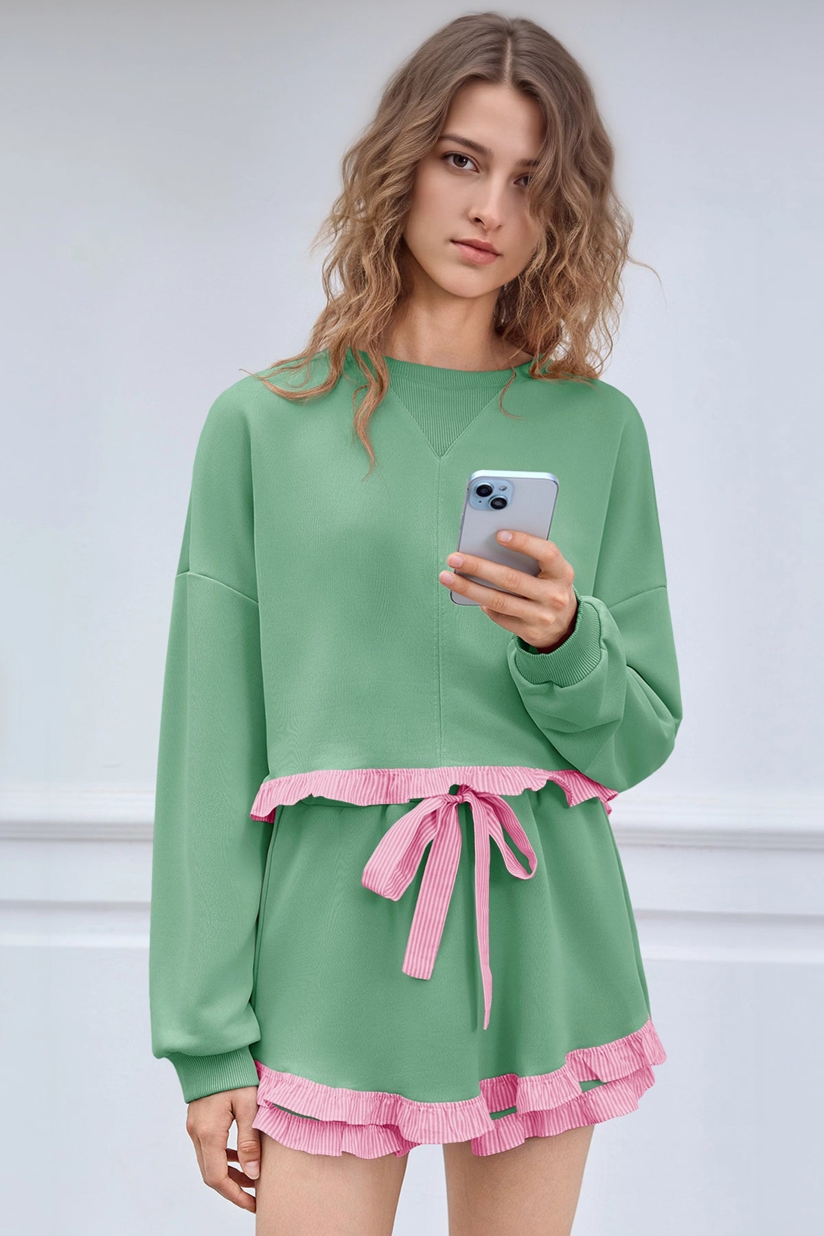 Women's Green Color Block 2 Piece Lounge Sets Fisoew - Fisoew