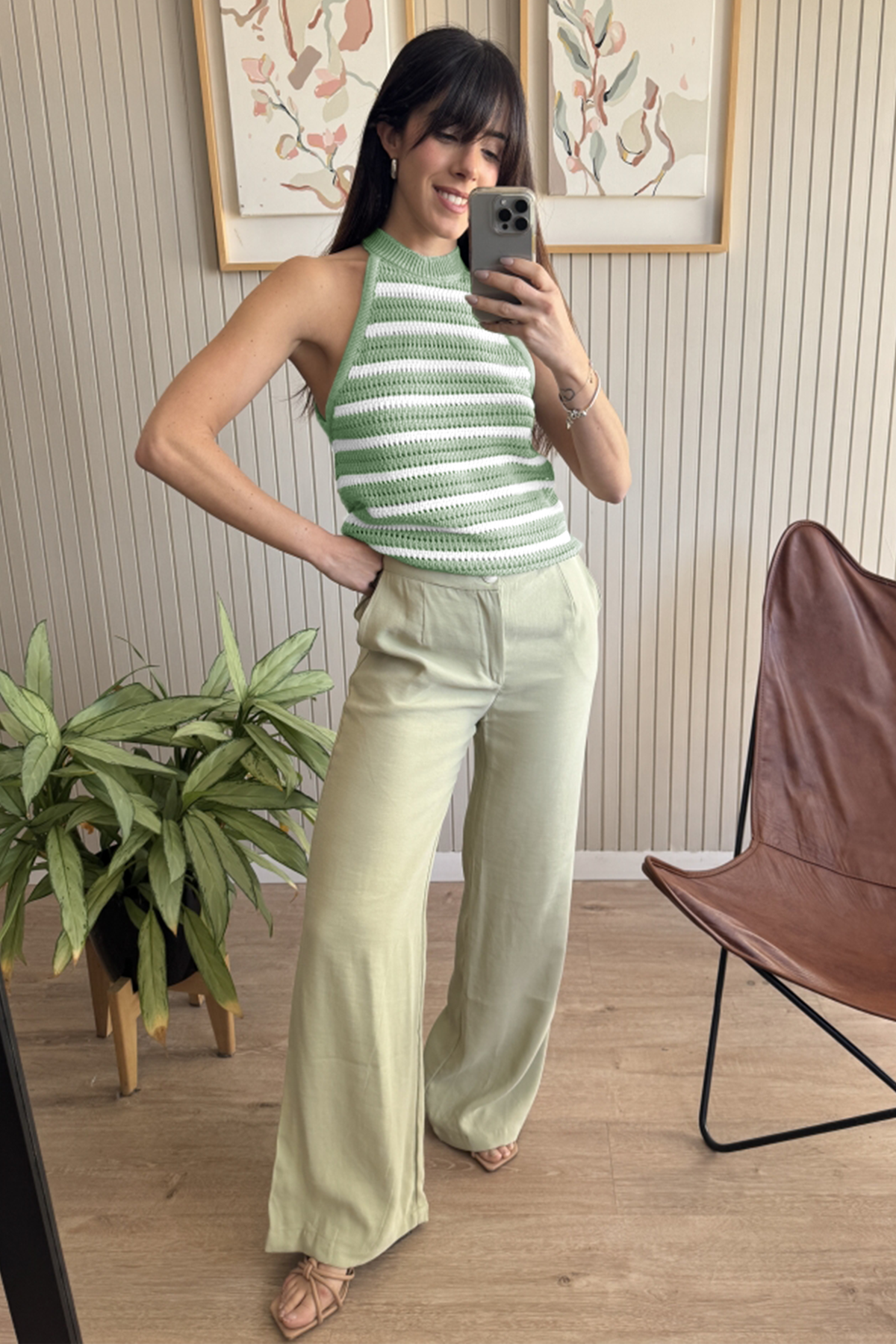 Womens Green Striped Crochet Halter Knit Tank Top Fisoew - Fisoew