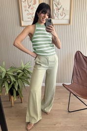 Womens Green Striped Crochet Halter Knit Tank Top Fisoew - Fisoew