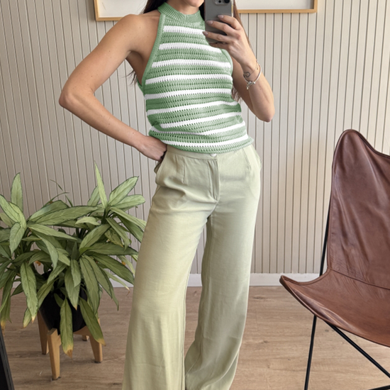 Womens Green Striped Crochet Halter Knit Tank Top Fisoew - Fisoew