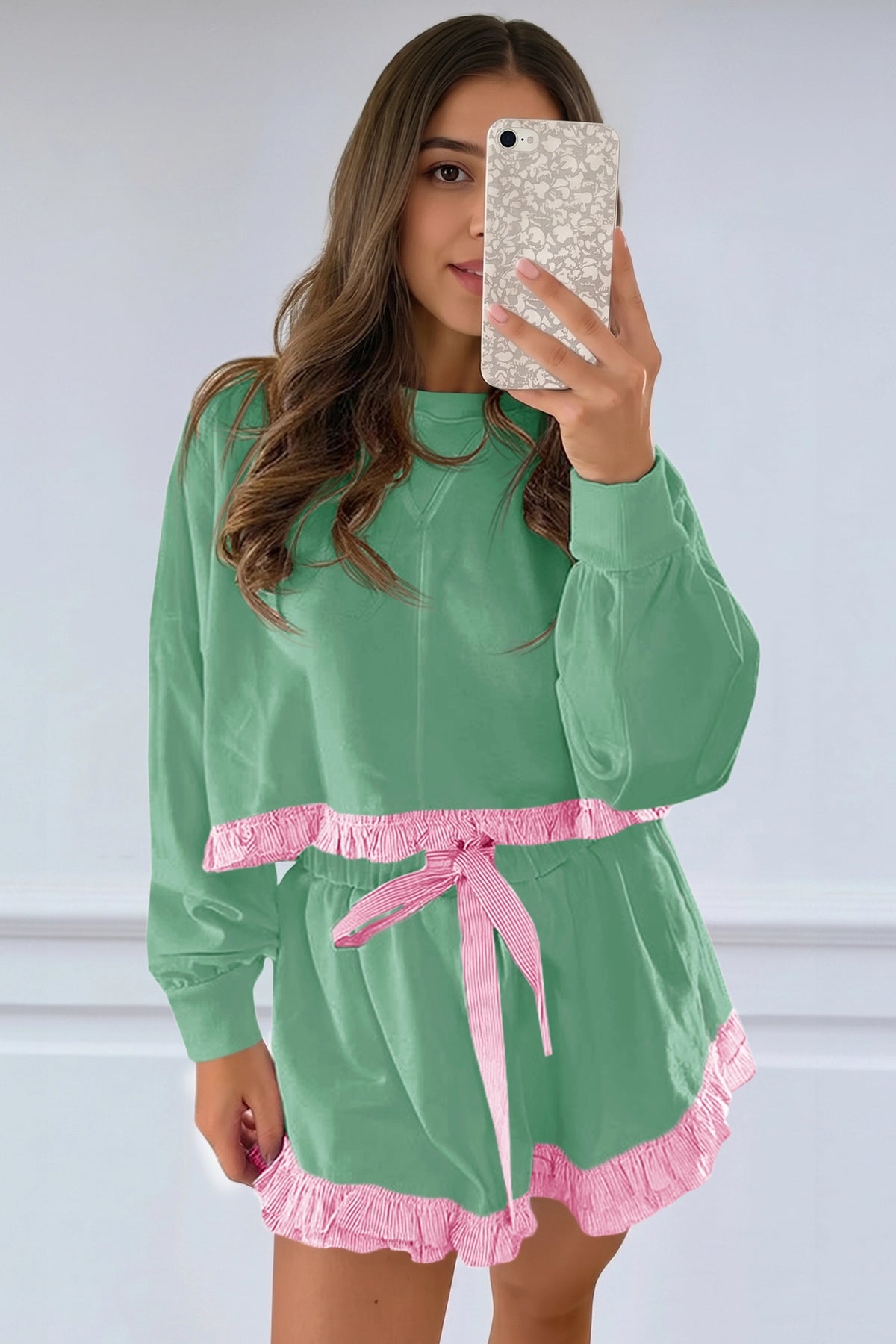 Women's Green Color Block 2 Piece Lounge Sets Fisoew - Fisoew