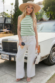 Womens Green Striped Crochet Halter Knit Tank Top Fisoew - Fisoew
