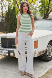 Womens Green Striped Crochet Halter Knit Tank Top Fisoew - Fisoew
