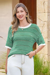 Fisoew Women's Green Striped Cropped Knit Tops - Fisoew