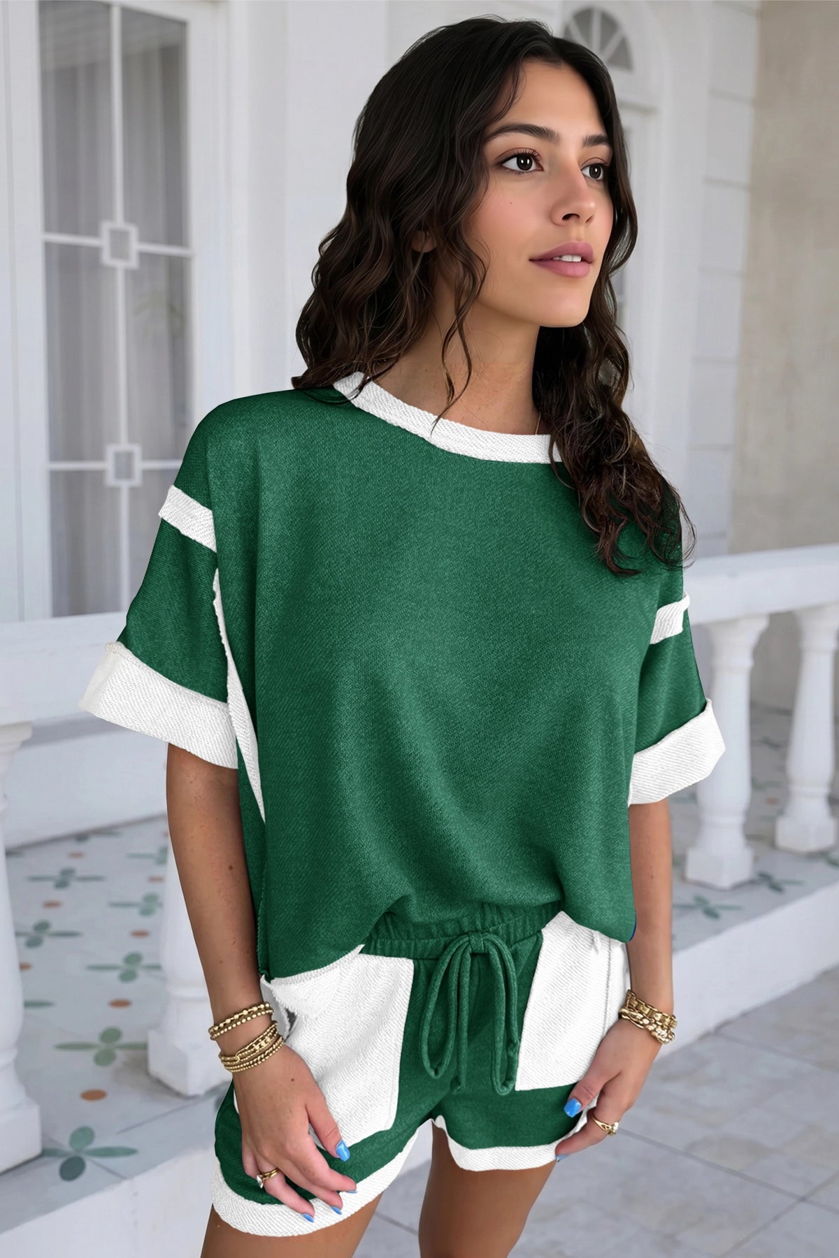 Womens Dark green Color Block Lounge Short Set  Fisoew - Fisoew