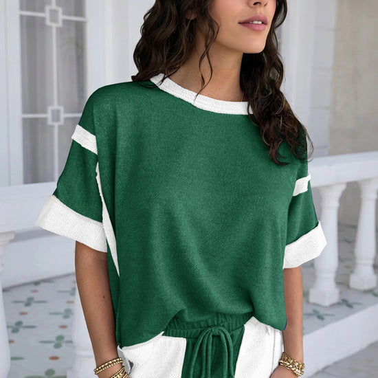 Womens Dark green Color Block Lounge Short Set  Fisoew - Fisoew