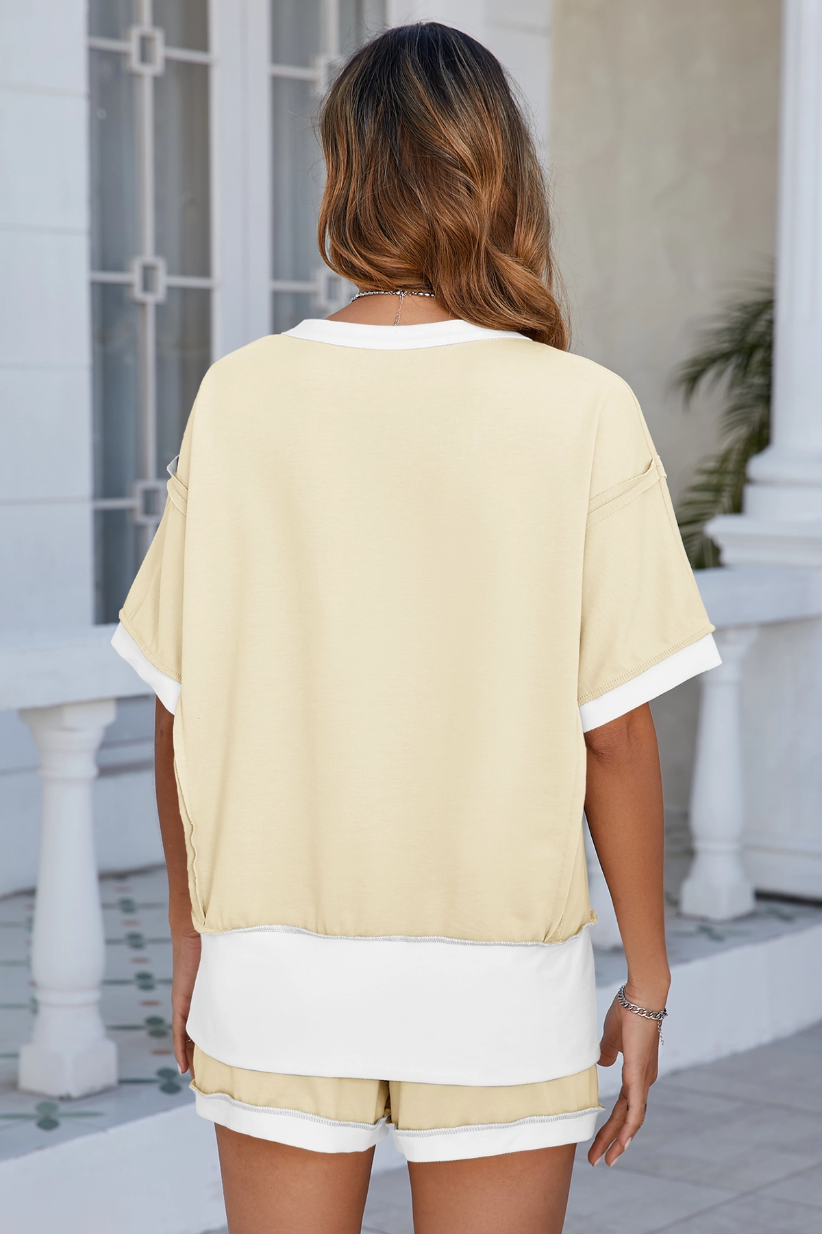 Womens Light khaki Color Block Lounge Short Set  Fisoew - Fisoew