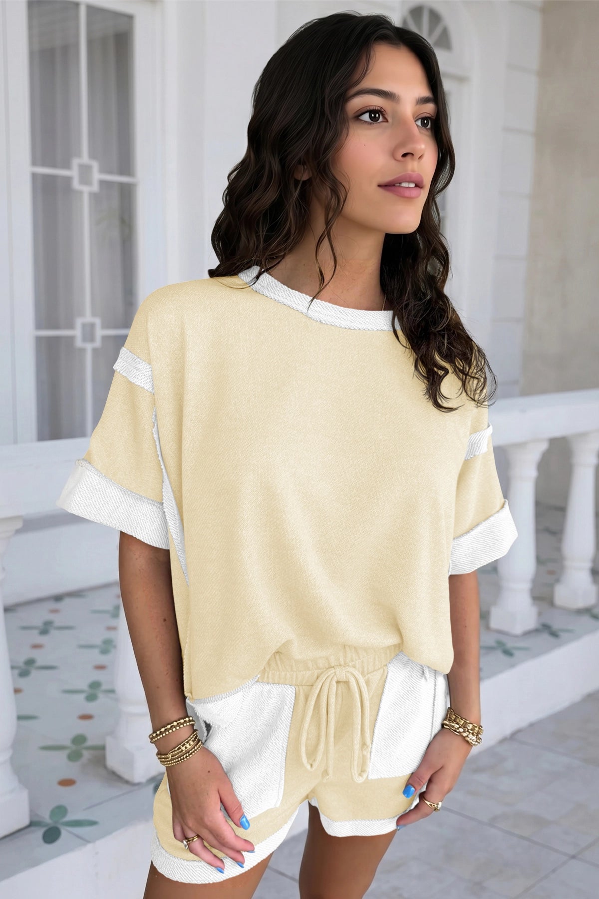 Womens Light khaki Color Block Lounge Short Set  Fisoew - Fisoew