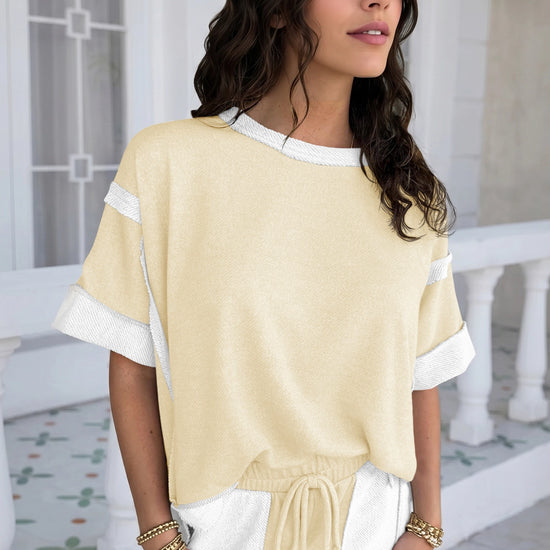 Womens Light khaki Color Block Lounge Short Set  Fisoew - Fisoew