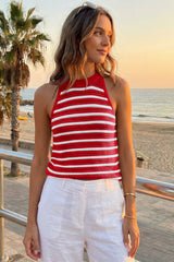 Womens Red Striped Crochet Halter Knit Tank Top Fisoew