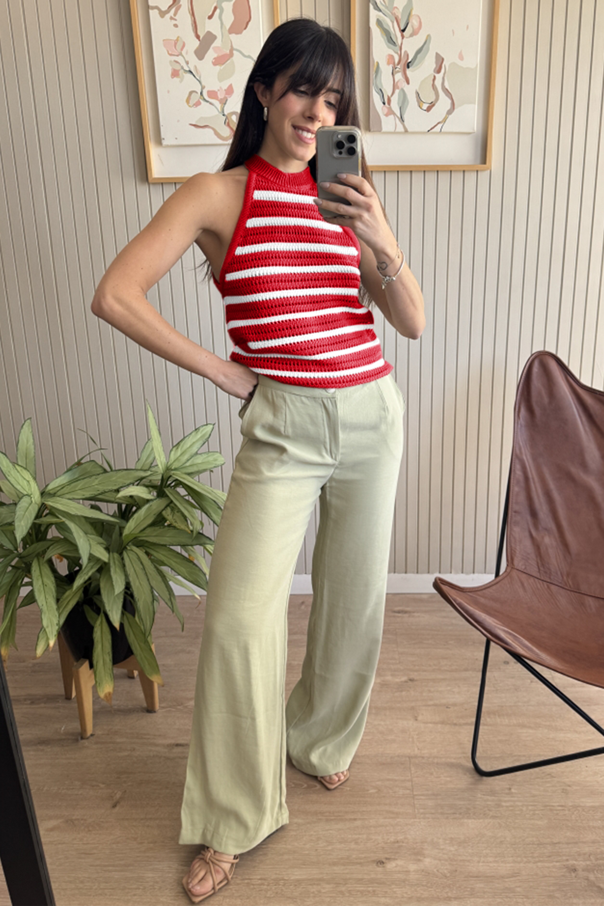 Womens Red Striped Crochet Halter Knit Tank Top Fisoew