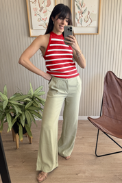 Womens Red Striped Crochet Halter Knit Tank Top Fisoew