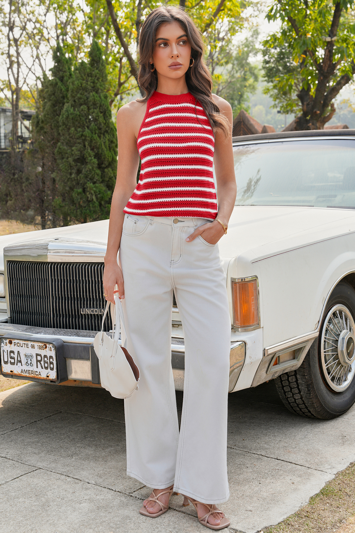 Womens Red Striped Crochet Halter Knit Tank Top Fisoew