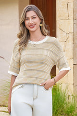 Fisoew Women's Apricot Striped Cropped Knit Tops